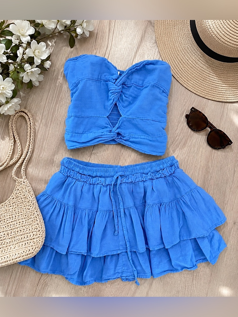 Blanco by Nature Blue 100% Cotton Ruffle Skirt & Crop Top Set S/M